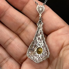 Art Deco Sterling Silver Filigree Necklace Teal Rhinestone Necklace 16″ Antique