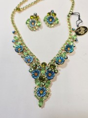 Vtg Juliana Necklace Earrings Green Blue Carnival Glass Flowers Original Tag