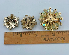 VTG Unsigned AB Rhinestone beaded Flower tiered brooch/earrings set mid century