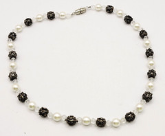 Artisan Made Faux Pearl Crystal Ornate Metal Bead Vintage Necklace 16 Inch