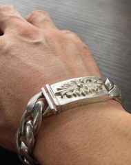 Heavy ~80g Floral Cross ID Bracelet 8.5in Chunky Silver Tone Vintage Gothic