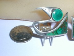 RARE-GRAZIELA LAFFI PERU STERLING ABSTRACT BIRD GREEN ENAMEL CLIP-ON EARRINGS!