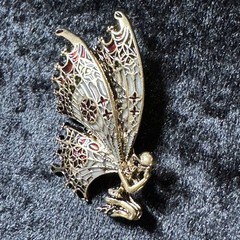 Praying Fairy Brooch Butterfly Wings Red Green White Enamel on Gold Tone Metal