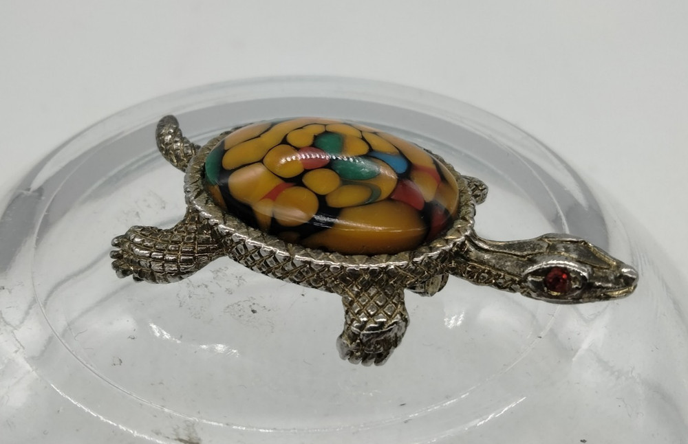 Vintage Japan Glass Cabochon & Brass Large Turtle Brooch with Rhinestone Eyes