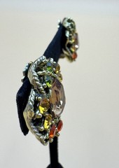 Vintage Rhinestone Clip-on Earrings Orange Green Yellow Flower Shape Judy Lee