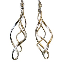 Vintage Earrings Spiral Twist Long Drop Rhinestone French Wire Silver Tone