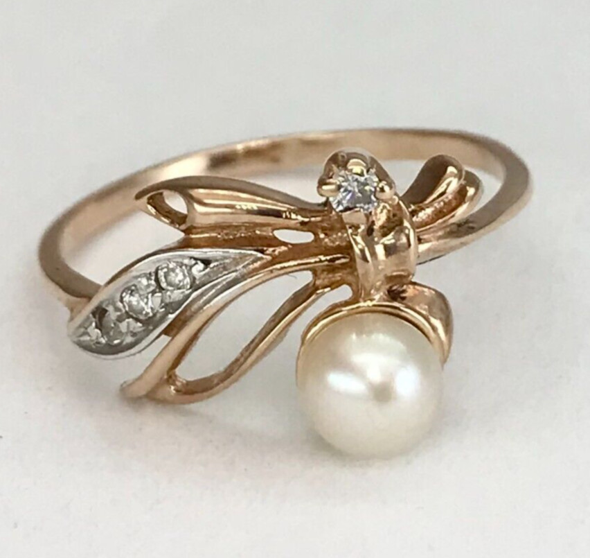 Chic Vintage Original Rose & White Gold 585 14k Ring with Cultured Pearl 1.72 g