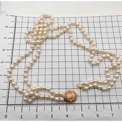Vintage ERWIN PEARL Double Strand Glass Pearl Necklace Cameo Clasp Opera 23″