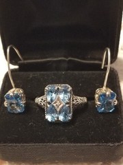 Art Deco Antique Blue Topaz Diamond Accent Ring & Earrings Set,Size 10, 925 &CNA