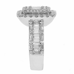 LARGE .99CT DIAMOND 18KT WHITE GOLD ROUND & BAGUETTE DOUBLE HALO ENGAGEMENT RING