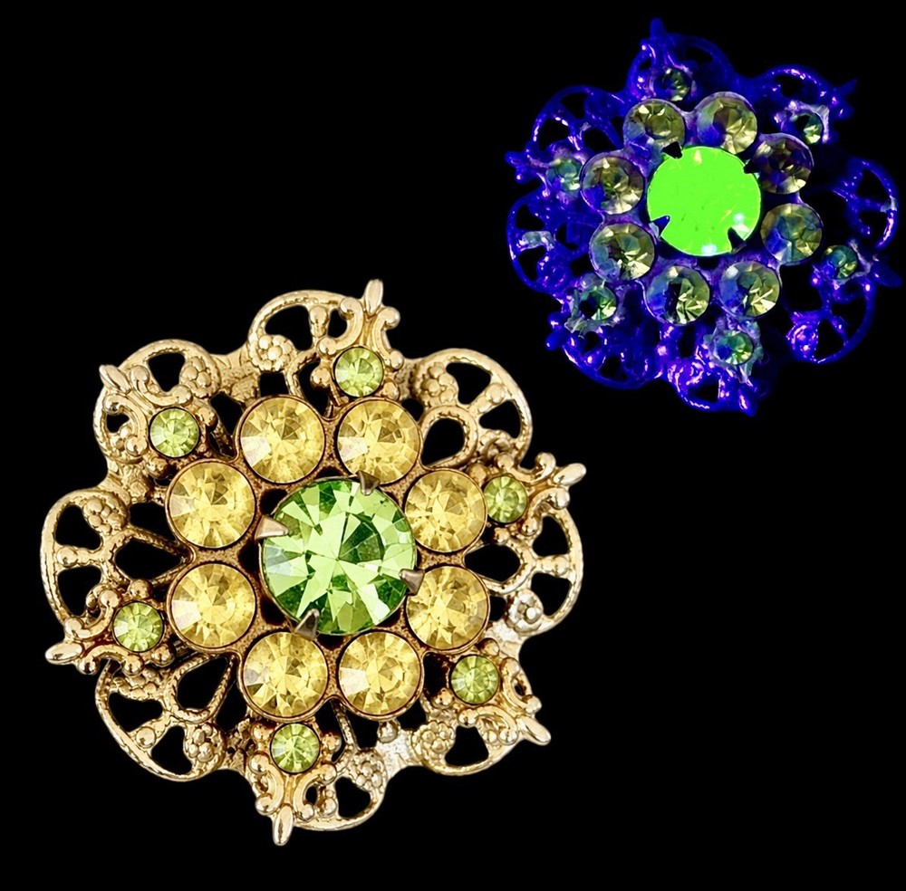 Vintage Gold Tone & Yellow Glass + Green Irradiated Glass Floral Brooch~1950s