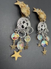 Kirks Folly Signed Silver Gold Tone Dangle Stars Moon Crystal Earrings C81