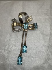 VTG Mazer Sterling Vermeil Aqua Rhinestone Ribbon Bow Dangle Brooch Pin