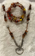 Vintage Amber Nuggets Silver Heart Pendant Necklace, Amber Memory Wire Bracelet