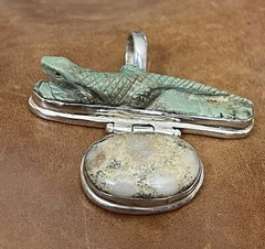 Vintage 925 Green Turquoise, Jasper Artist Created Lizard Motif Large Pendant