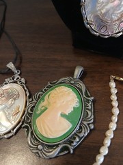 Lot of 4 Cameo Pendants Carved Shell Silver Tone With Pearl Necklace & Bracelet