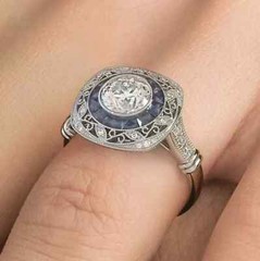 Art Deco Style Lab-Created Diamond Sapphire Engraving Ring 14k White Gold Finish