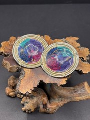 Vtg 1980s Earrings 1) Round Purple/Green/Fushia Swirl 2) Square Pastels Swirl