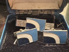 Vtg Matching Tie Bar & Cufflink Set Blue & White Enamel SilverTone W/ Box Retro