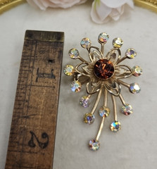 Vintage Aurora Borealis Starburst Flower Brooch Pin Rhinestone Brown Amber Color