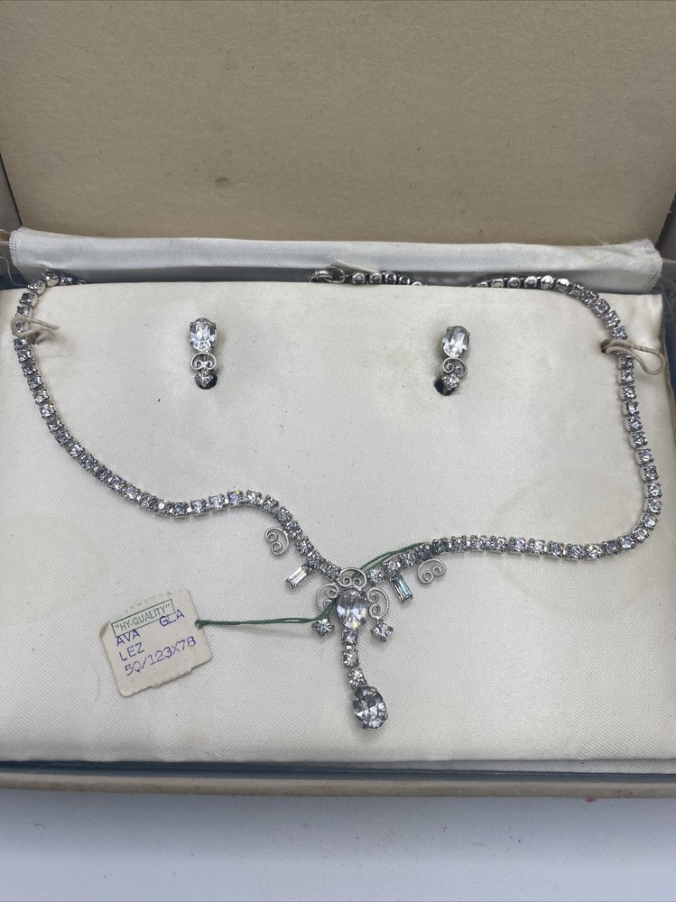 Rhinestone L.G Lind Gal Rhinestone Necklace Screwback Earring Set NOS Vintage