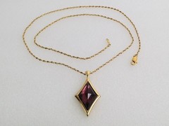 Vintage Gold Tone Simulated Amethyst Purple Glass Stone Pendant Necklace