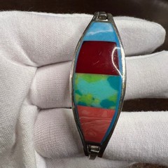 Vintage Alpaca Mexico Bangle Bracelet Multi Color Enamel Silver Tone 7.2 in