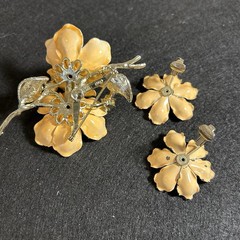 RARE Vintage CORO Enamel Flower AB Rhinestones Peach Tones Brooch Earring Set