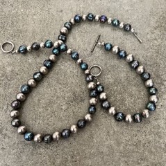 QVC JTV Peacock Cultured Pearls & Sterling Silver Ball Beads Necklace & Bracelet