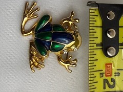 Vintage Green Blue Enamel Frog Brooch Gold Tone Rhinestone Eyes Figural Pin