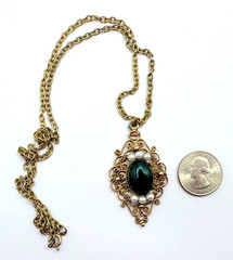 Necklace & Gold Tone Filigree Jade Stone & Faux Pearls Pendant Vintage