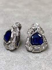 Art Deco Platinum Shield Sapphire European Diamond Earrings Burma No Heat GIA