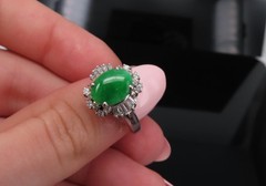 Vintage 1.10ct Natural Jadeite Jade & 0.49ct Diamond Platinum Ring, Size 7.25