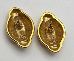 Vintage Napier Gold Tone Etruscan Granulated Olive Barrel Stud Earrings 30mm