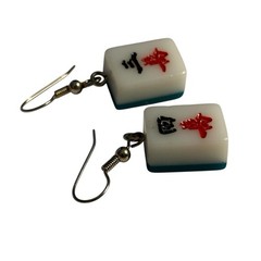 MAHJONG Tile Earrings White And Green Pierced Dangle Drop Acrylic Plastic VTG
