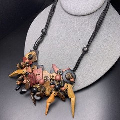 Wooden Parrot Bib Statement Necklace Beaded Cluster Coconut Shell Boho Vintage