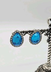 Crystal Rhinestone Earring Aqua Blue Silver Tone Clip on Couture faceted .75 in