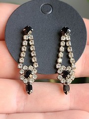 Vintage 1950s Jet Black Rhinestone Waterfall Dangle Earrings Hollywood Glam