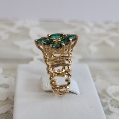 14K Natural Emerald Ring, Yellow Gold, 1 TCW Marquise Cut F2, Vintage Artisan