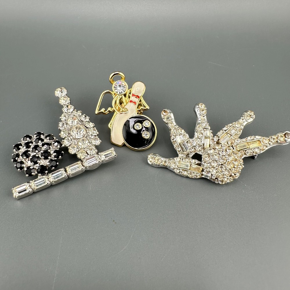 Vintage Rhinestone Brooch Lot Bowling Ball Pins Angel Holding Pin Some Signed