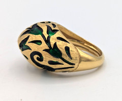 Vintage Crown Trifari L Orient Dome Ring Green Enamel Tulip Gold Tone Cocktail