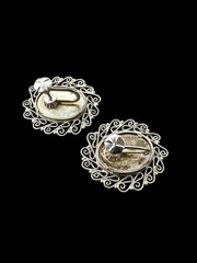 Pietra Dura Italy 800 Silver Screw Back Oval Ornate Earrings