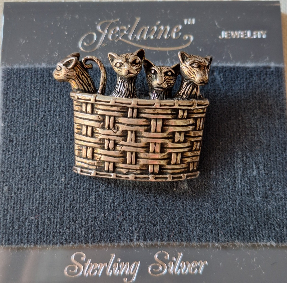 Kittens in Basket Pin Broach Vintage Jezlaine Signed 925 Sterling Silver