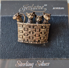 Kittens in Basket Pin Broach Vintage Jezlaine Signed 925 Sterling Silver