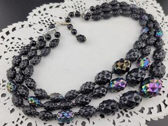 Signed W Germany Black Thermoset Lucite AB Spike Bead Waterfall Bib Necklace