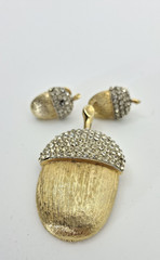 Vtg Marvella Acorn Brooch & Clip Earrings Rhinestone Autumn Jewelry Naturecore