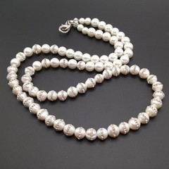 Handcrafted Freshwater Pearl Rhinestone Necklace 32” Long Statement Strand
