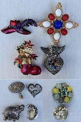 Vintage Brooch Lot of 10 – 1970s–1990s Enamel, Glass, Pearl & Marcasite Pins