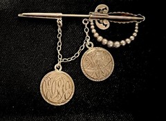 Antique c1900 Sterling Silver Sword Brooch Victorian Canadian Coins 2-1/4” 6.3g