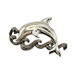 Vintage silver-plated DOLPHIN brooch W/ Textured Pewter Tone Waves EUC